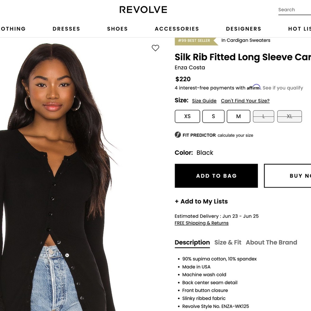 Enza Costa Black Ribbed Fitted Long Sleeve Blouse